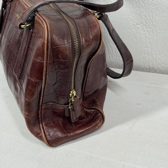 Fossil Croc Embossed Leather Satchel Brown Structured Shoulder Bag - Picture 7 of 16